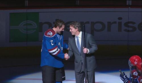 Milan Hejduk with Joe Sakic before Hejduk's last career game